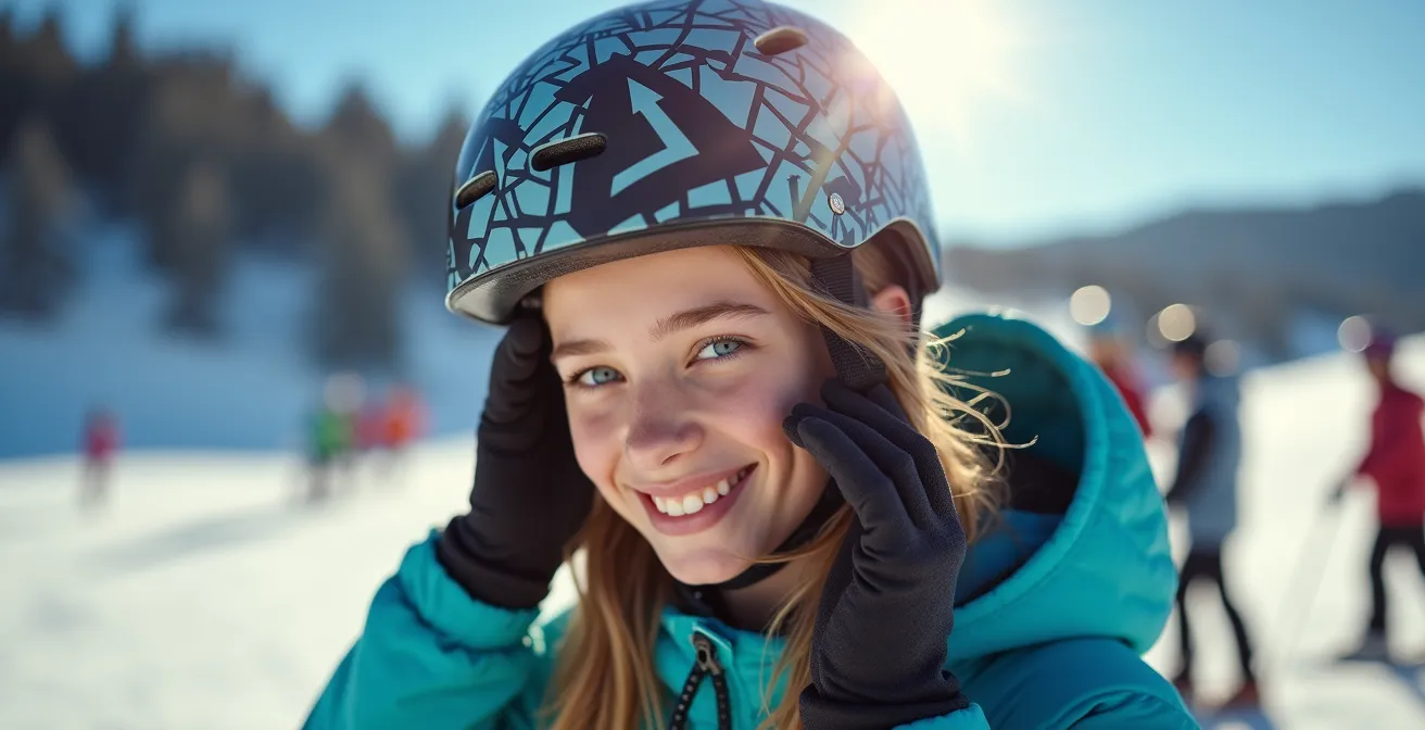 Adolescent souriant ajustant son casque de ski personnalisé avec stickers sur une piste