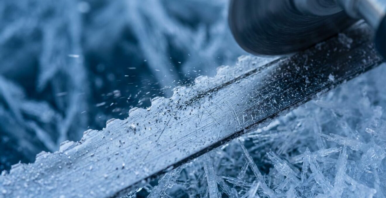 Gros plan macro sur une carre de ski affûtée avec angle visible, reflets métalliques sur fond de glace bleue