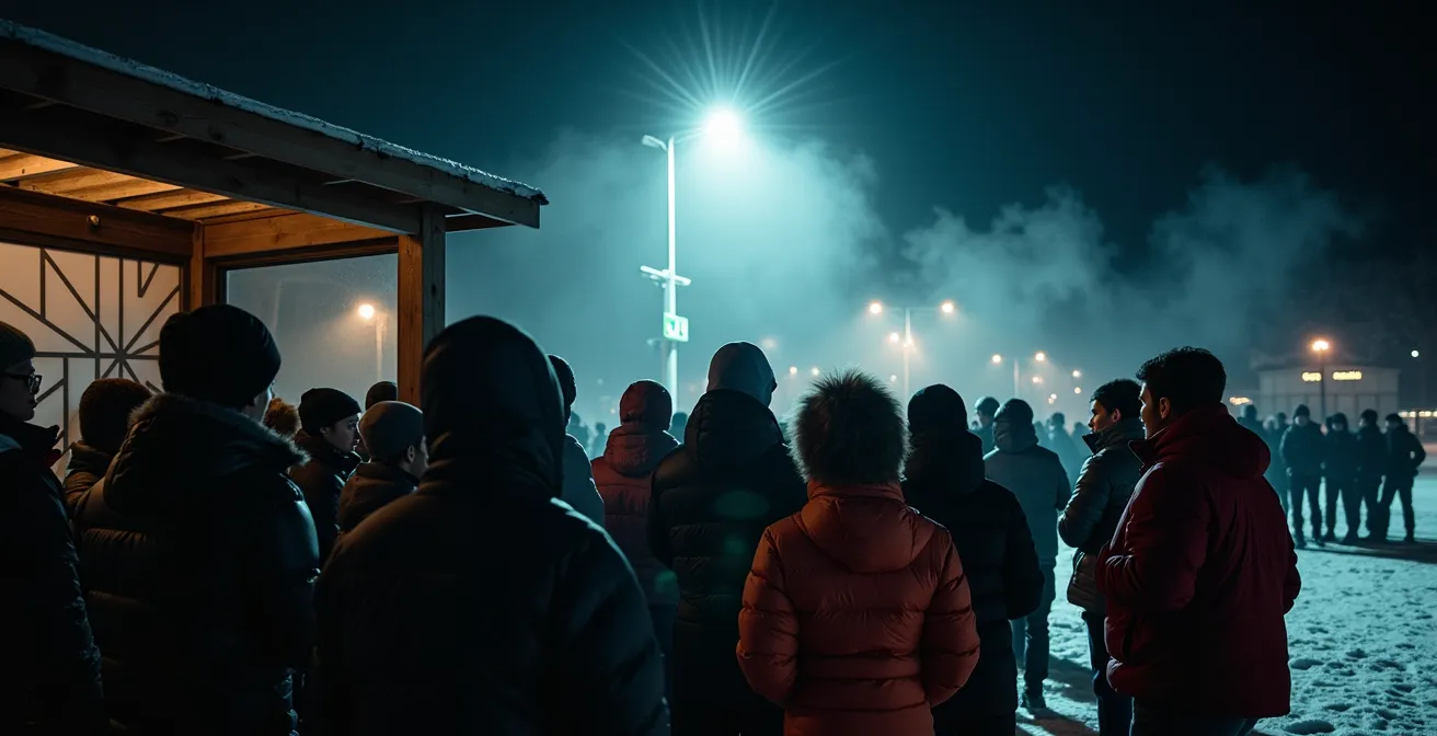 Arrêt de navette éclairé la nuit avec groupe de skieurs attendant