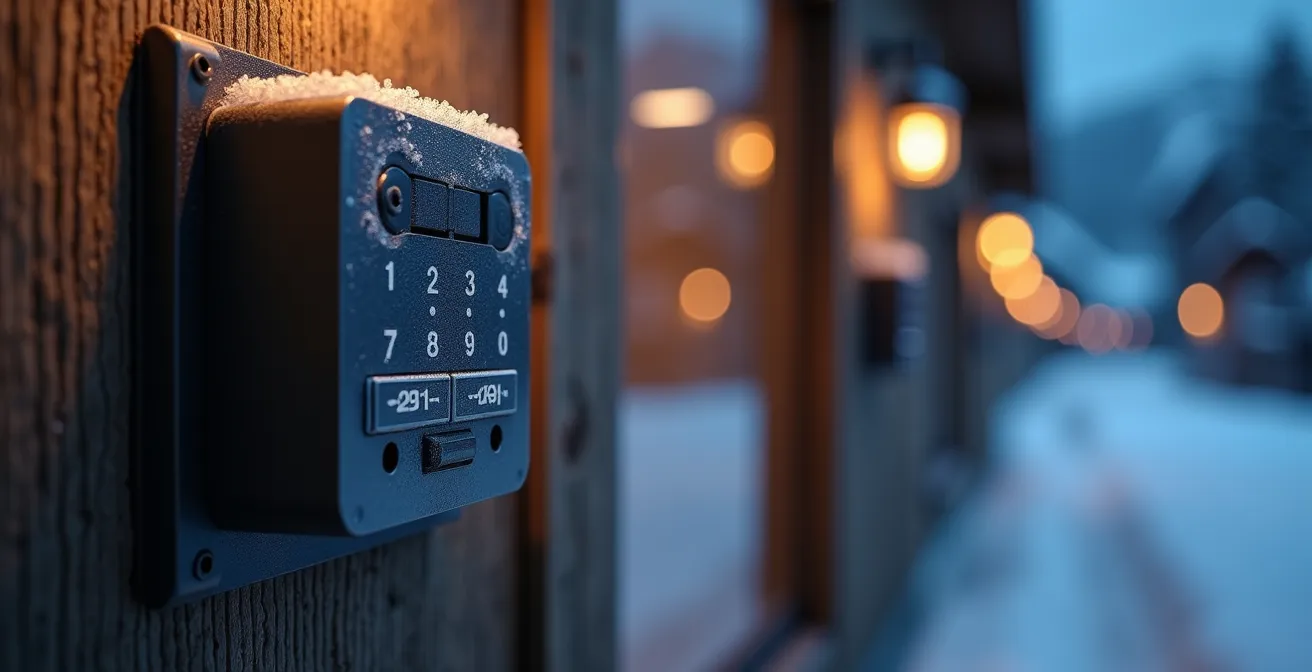 Boîte à clés sécurisée éclairée de nuit devant un chalet de montagne enneigé