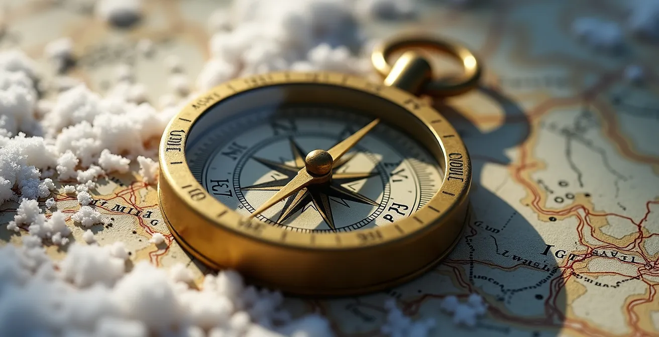 Gros plan sur une boussole posée sur une carte topographique enneigée
