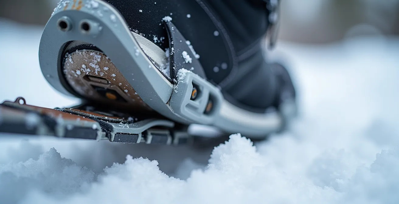 Gros plan macro sur le mécanisme de cale de montée d'une raquette à neige en position relevée