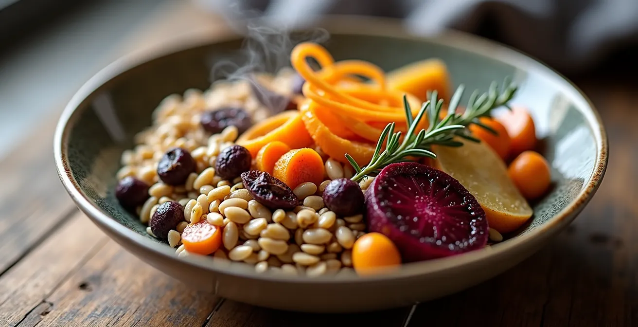 Bol de céréales alpines avec légumes racines colorés et herbes fraîches sur table en bois