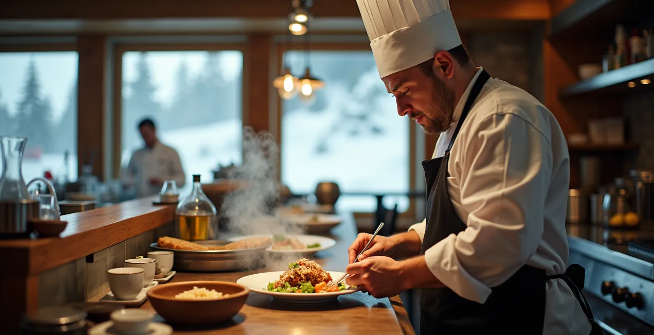 Chef préparant des plats frais dans une cuisine ouverte de restaurant d'altitude avec vue sur les pistes