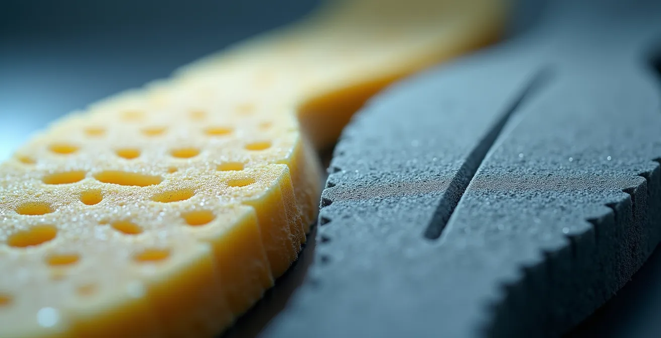 Vue macro détaillée de deux textures de mousse de chaussons de ski côte à côte