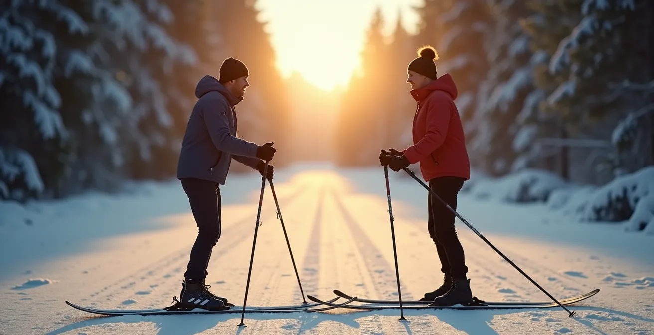 Vue latérale comparative montrant deux skieurs avec des bâtons de longueurs différentes pour le classique et le skating