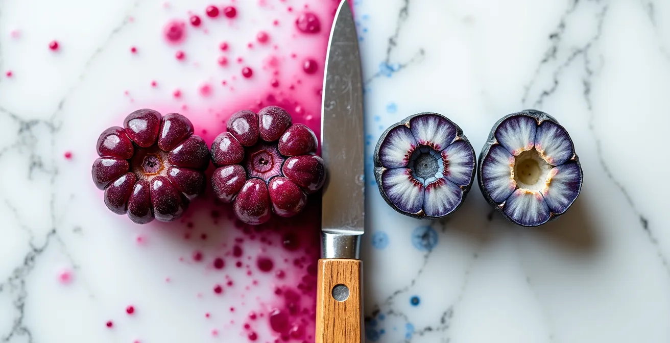 Coupe transversale de myrtilles sauvages et bleuets montrant la différence de chair colorée