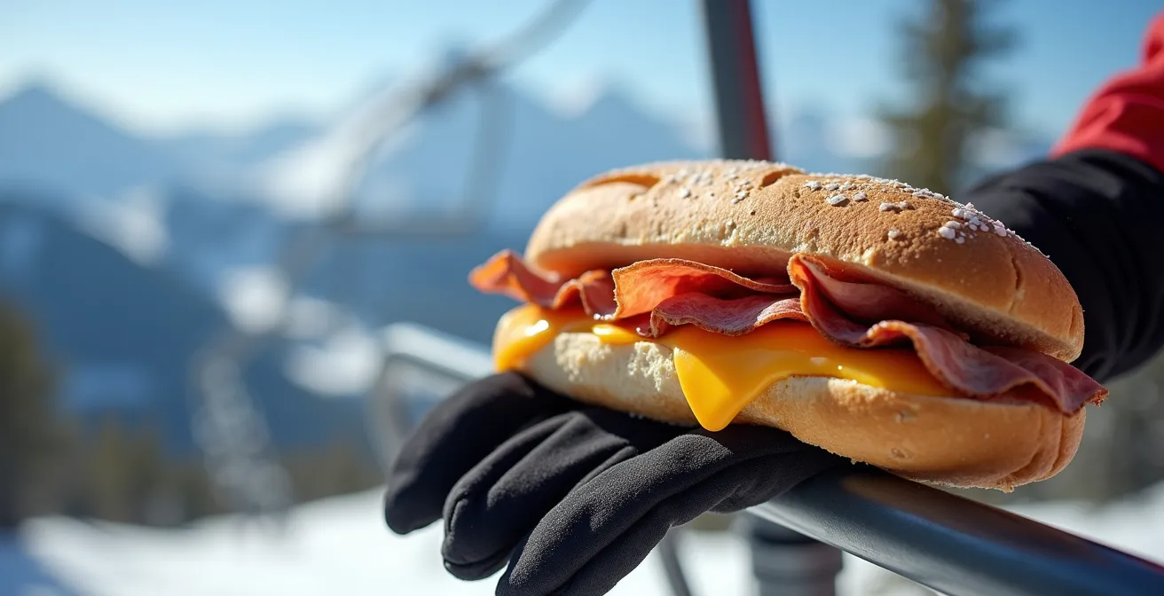 Vue macro détaillée d'un sandwich artisanal sur un télésiège avec montagnes floues en arrière-plan