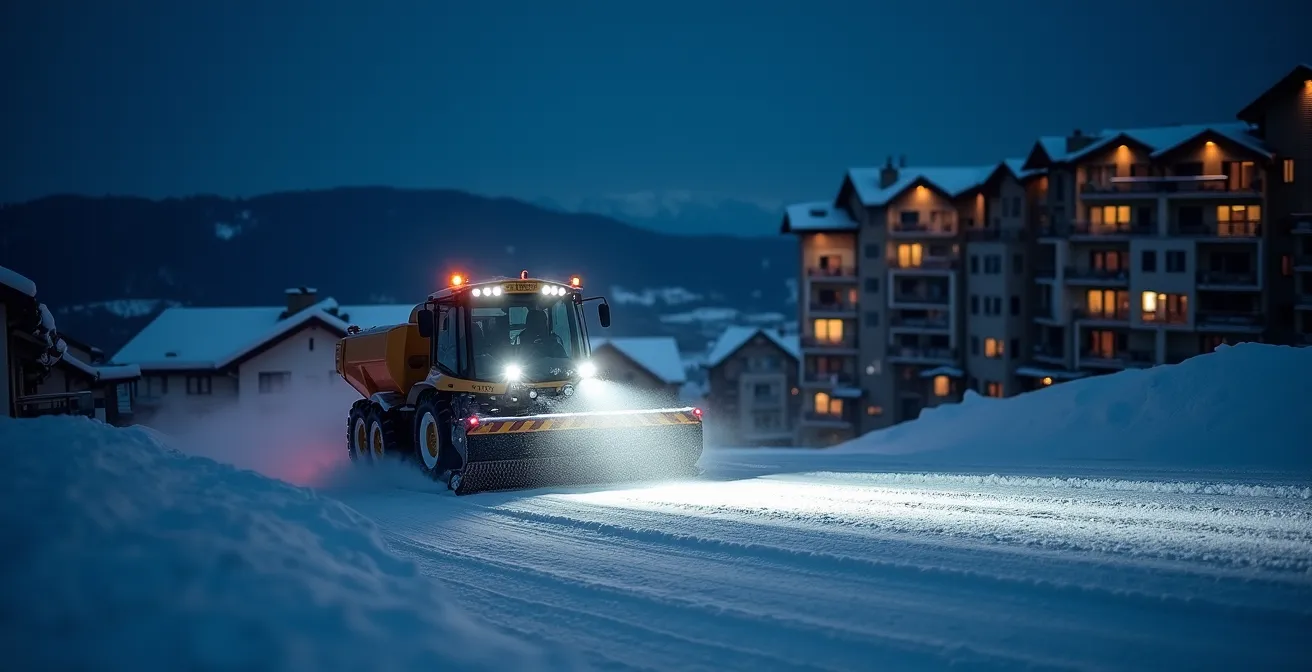 Vue nocturne d'une dameuse éclairée travaillant sur une piste de ski avec des résidences en arrière-plan
