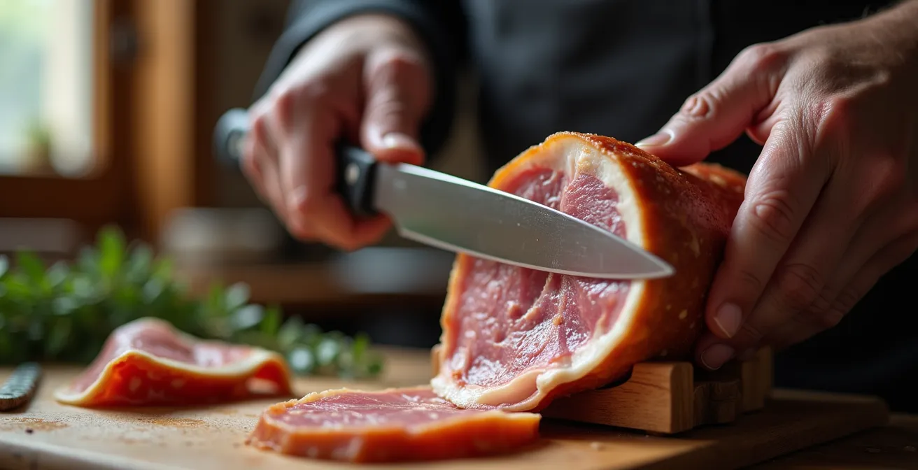Maître charcutier découpant finement un jambon de montagne au couteau