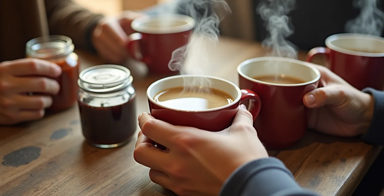 Groupe d'amis détendus profitant du petit-déjeuner avant le départ de la station