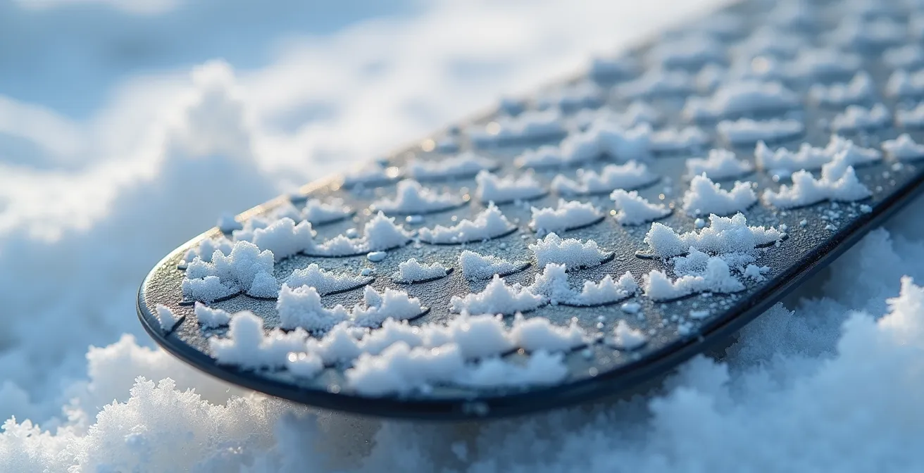 Vue macro détaillée de la semelle d'un ski de fond classique montrant les écailles et textures de la zone d'accroche