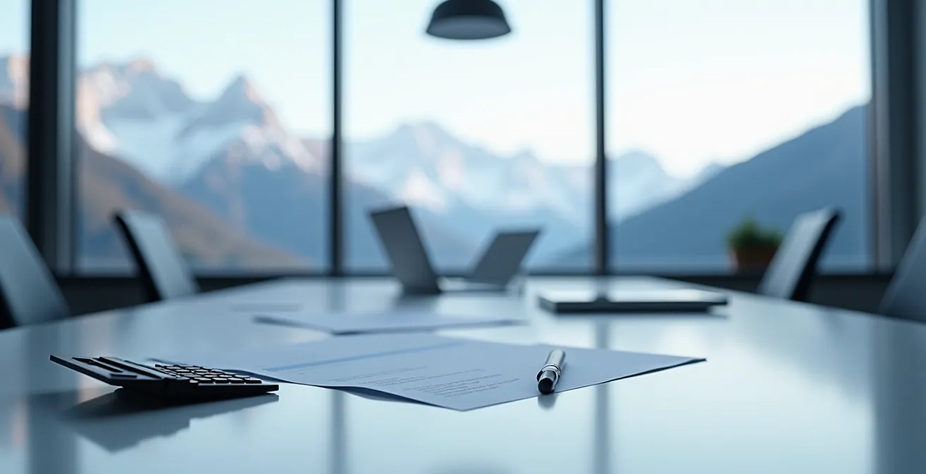 Bureau d'agence avec documents fiscaux flous et calculatrice, vue sur montagnes enneigées