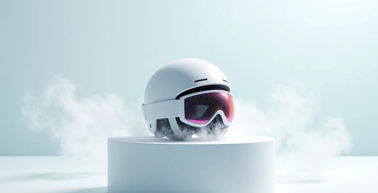Schéma de circulation d'air entre masque et casque de ski avec flèches indiquant le flux thermique