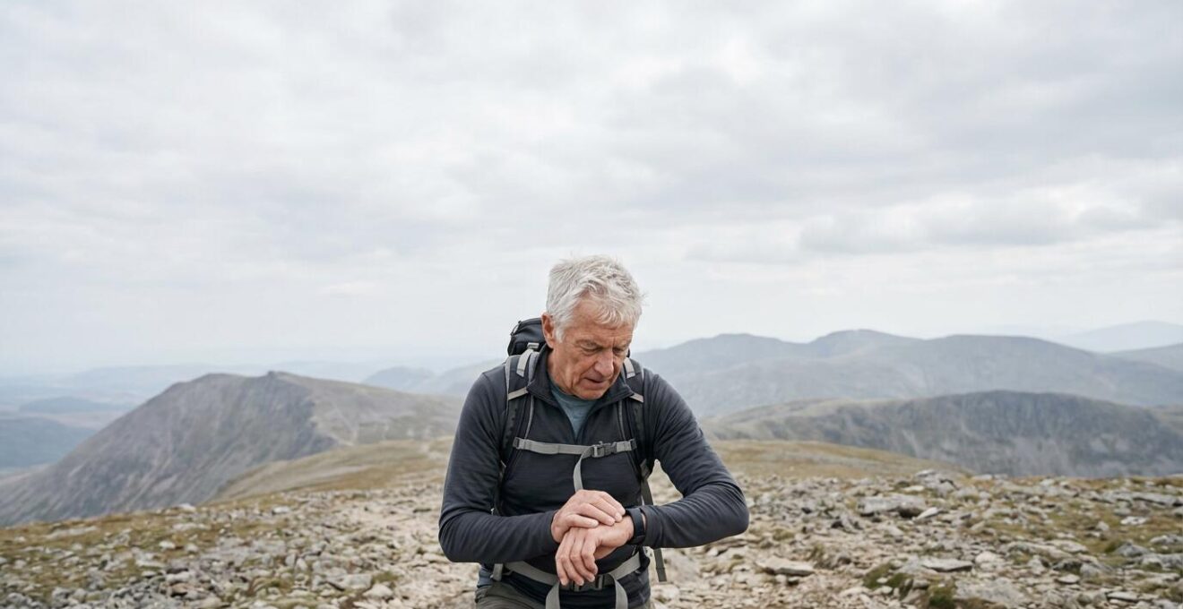 Senior vérifiant sa montre cardiofréquencemètre pendant une pause en randonnée