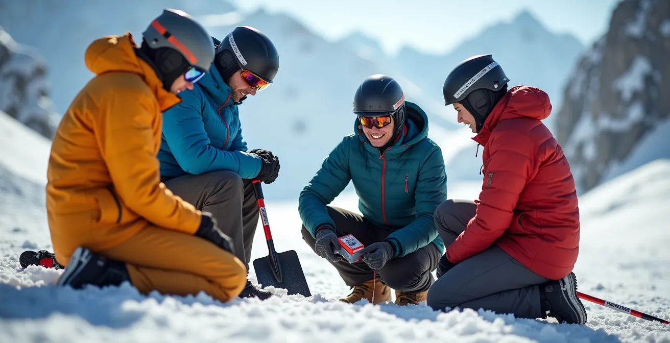 Groupe de skieurs s'entraînant à la recherche DVA dans un champ de neige sécurisé