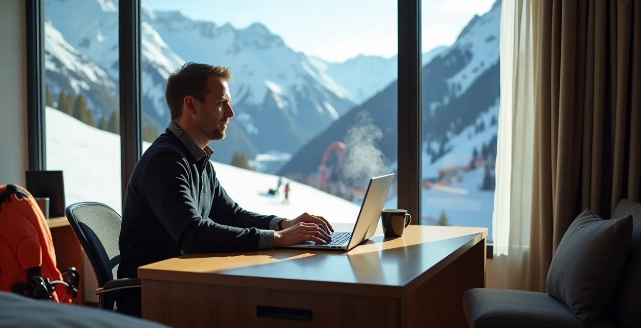 Bureau moderne avec ordinateur portable face à une baie vitrée donnant sur les pistes de ski