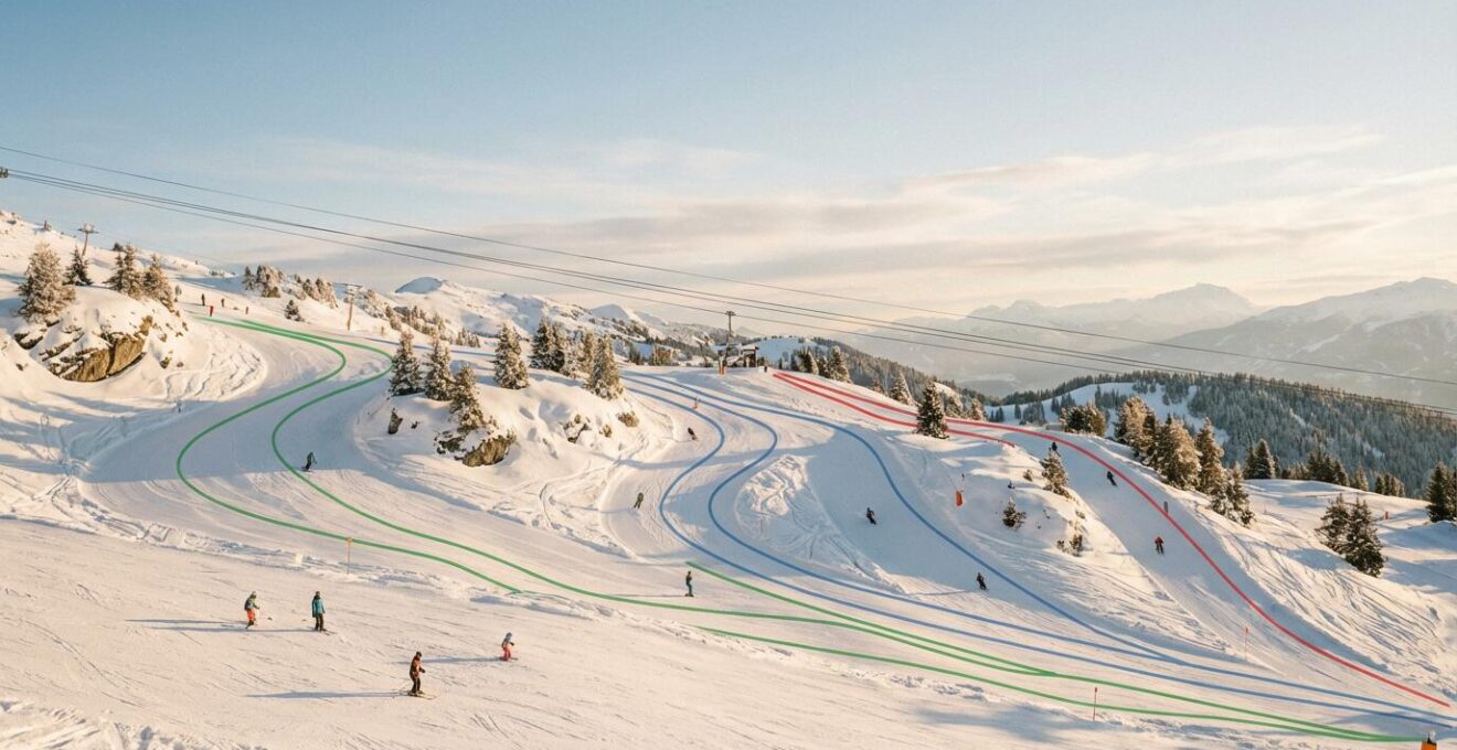 Skieurs de différents niveaux évoluant sur des pistes variées en montagne