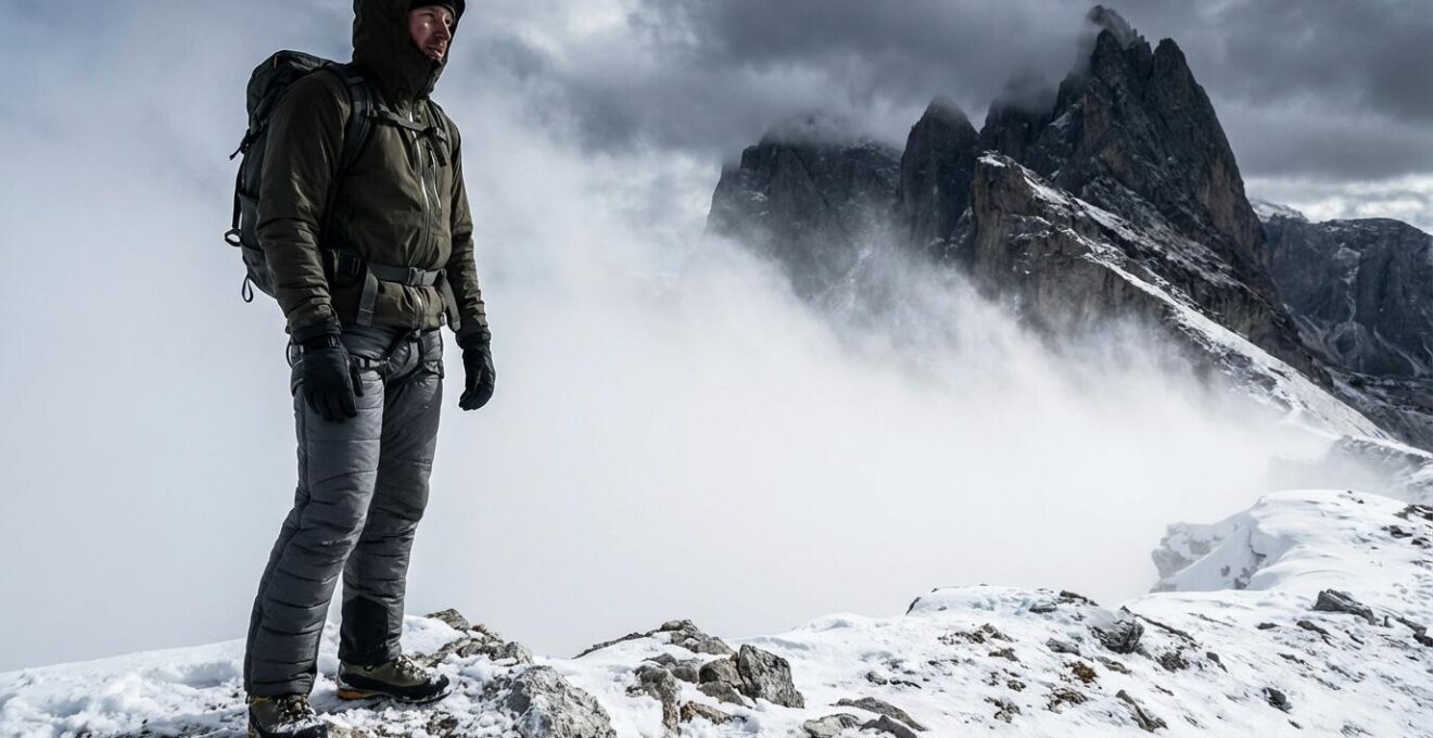 Randonneur équipé en montagne face aux éléments avec vêtements techniques multicouches