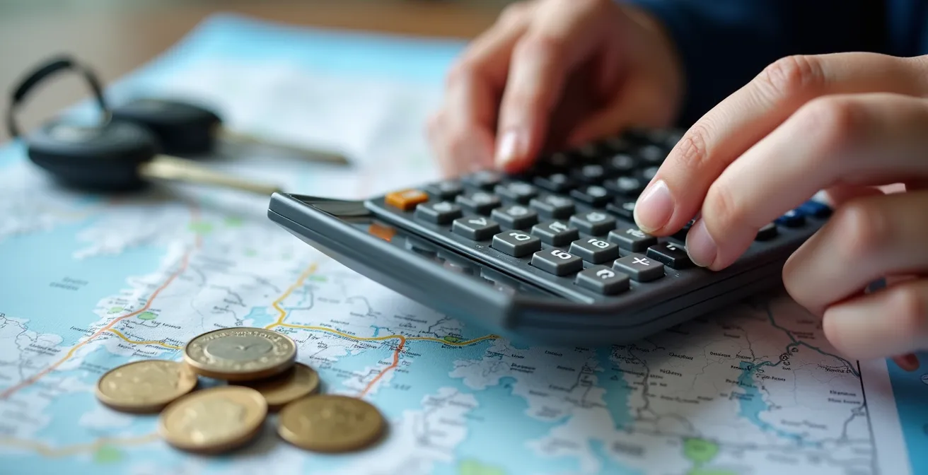 Famille consultant une carte et calculant les options de transport pour les vacances au ski