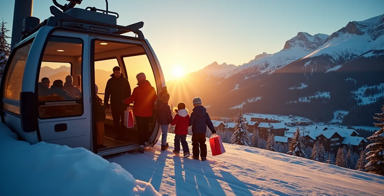Famille avec caddie descendant d'une télécabine en fin de journée dans une station de ski