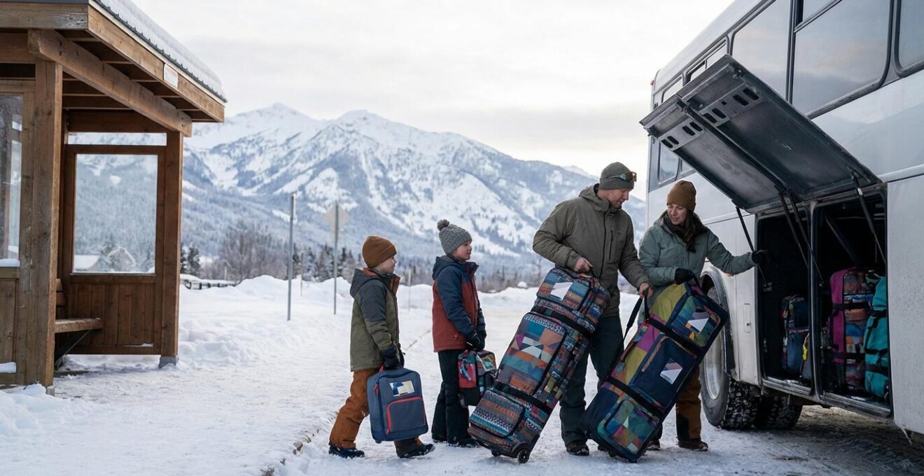 Parents organisant des housses de ski à roulettes près d'une navette avec leurs enfants