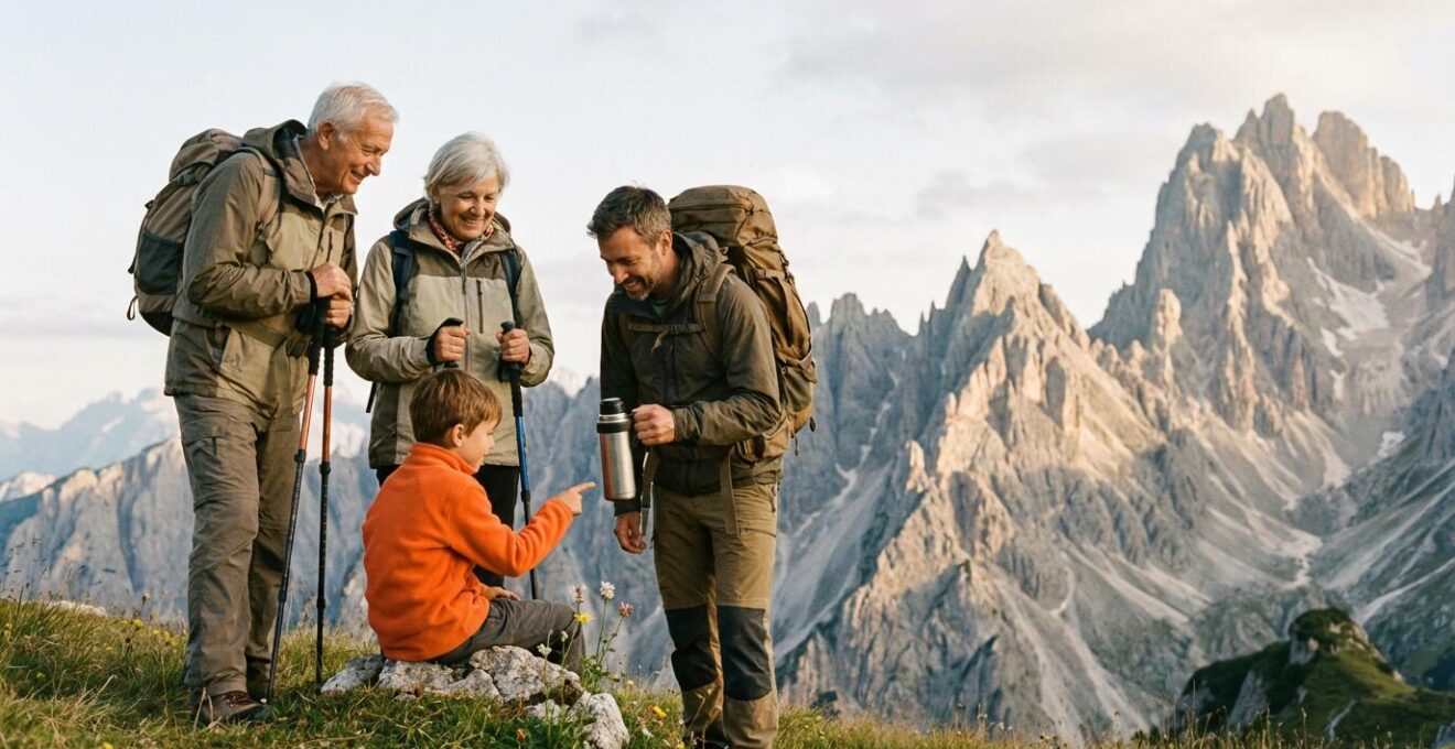 Famille multigénérationnelle en randonnée en moyenne montagne avec vue panoramique