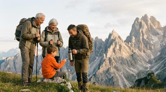 Famille multigénérationnelle en randonnée en moyenne montagne avec vue panoramique