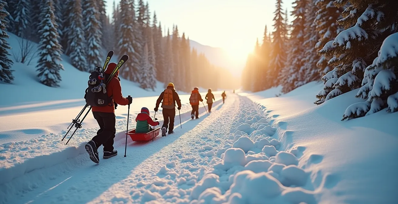 Parents portant skis et bagages sur un chemin enneigé pentu avec enfants