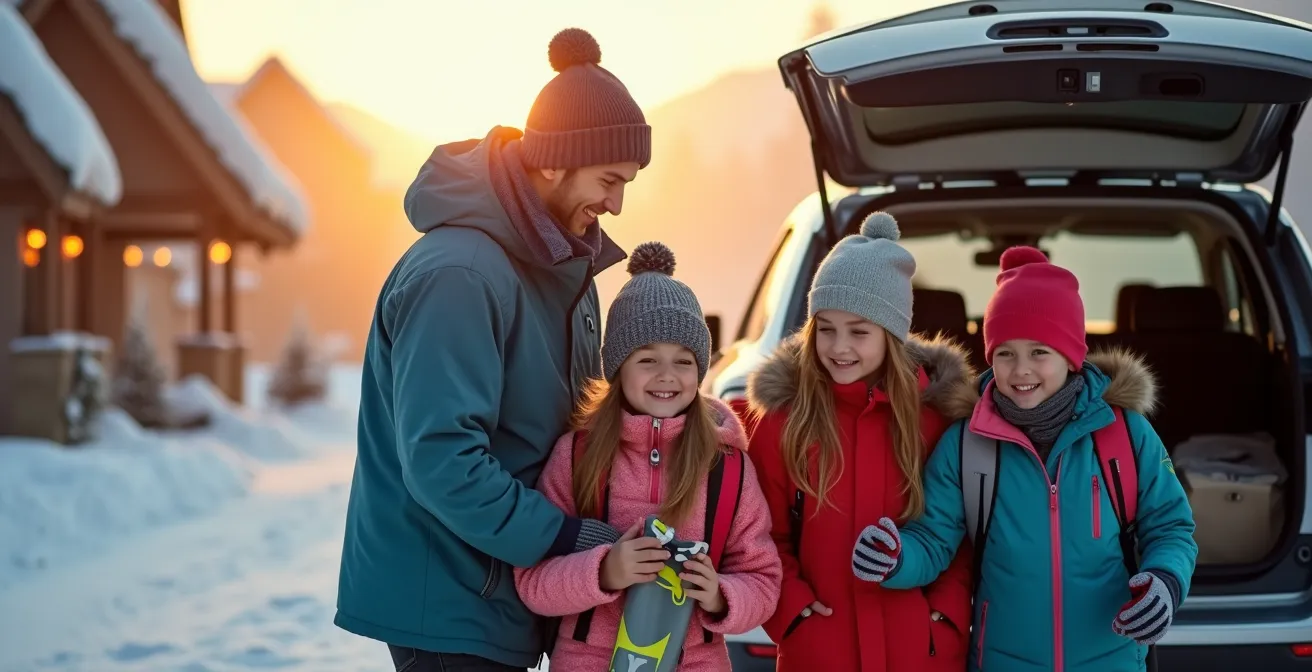 Famille chargeant le matériel de ski dans une voiture au lever du soleil face aux montagnes enneigées