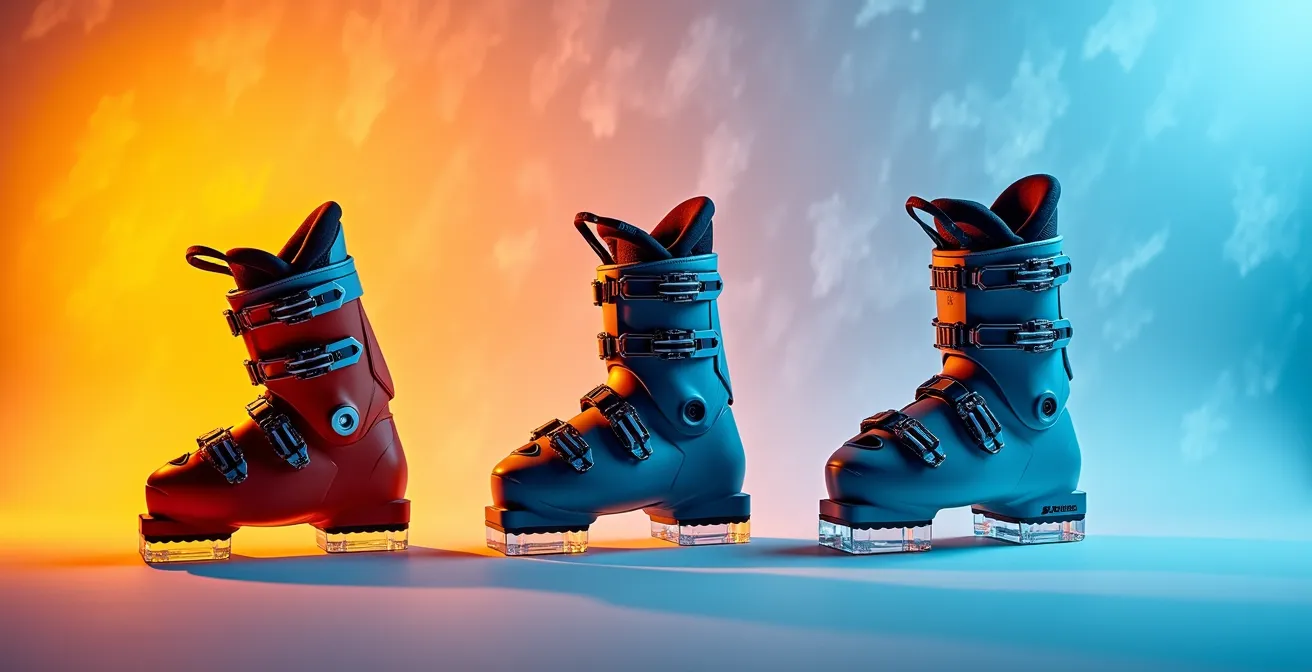 Comparaison visuelle de trois chaussures de ski avec différents indices de flex