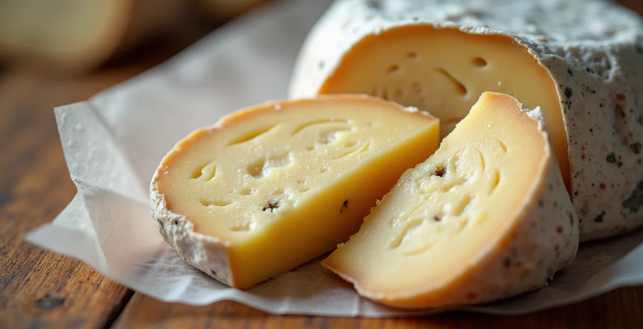 Fromage de montagne enveloppé dans du papier paraffiné avec texture naturelle
