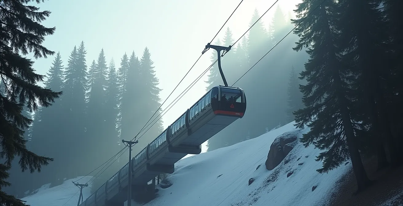 Funiculaire moderne reliant une gare de vallée à une station de ski alpine, avec passagers et équipements