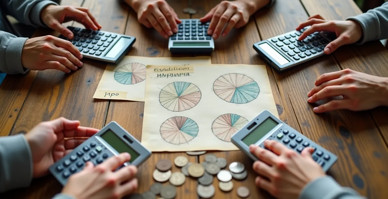Mains tenant des smartphones montrant des graphiques de répartition budgétaire, avec calculatrice et notes sur table en bois
