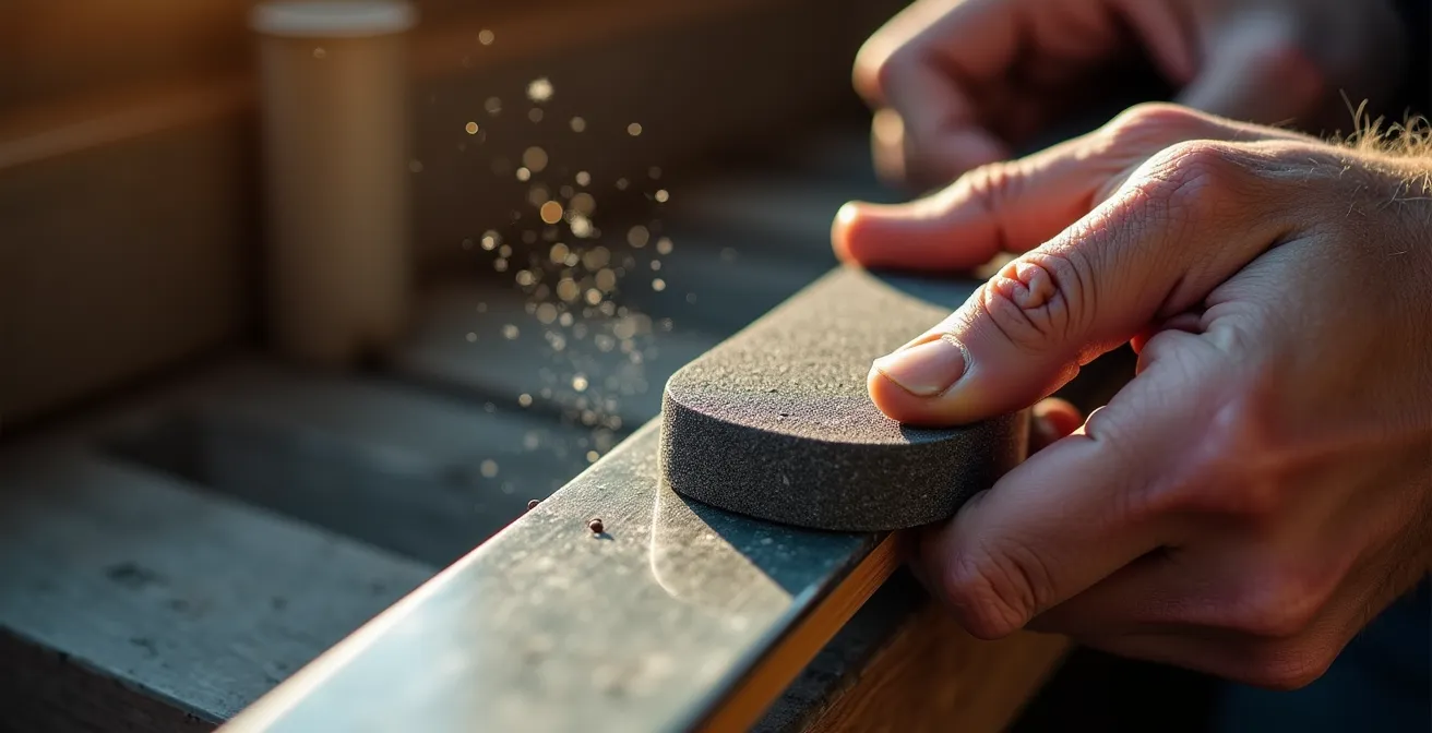 Gros plan sur une main tenant une gomme abrasive sur une carre de ski