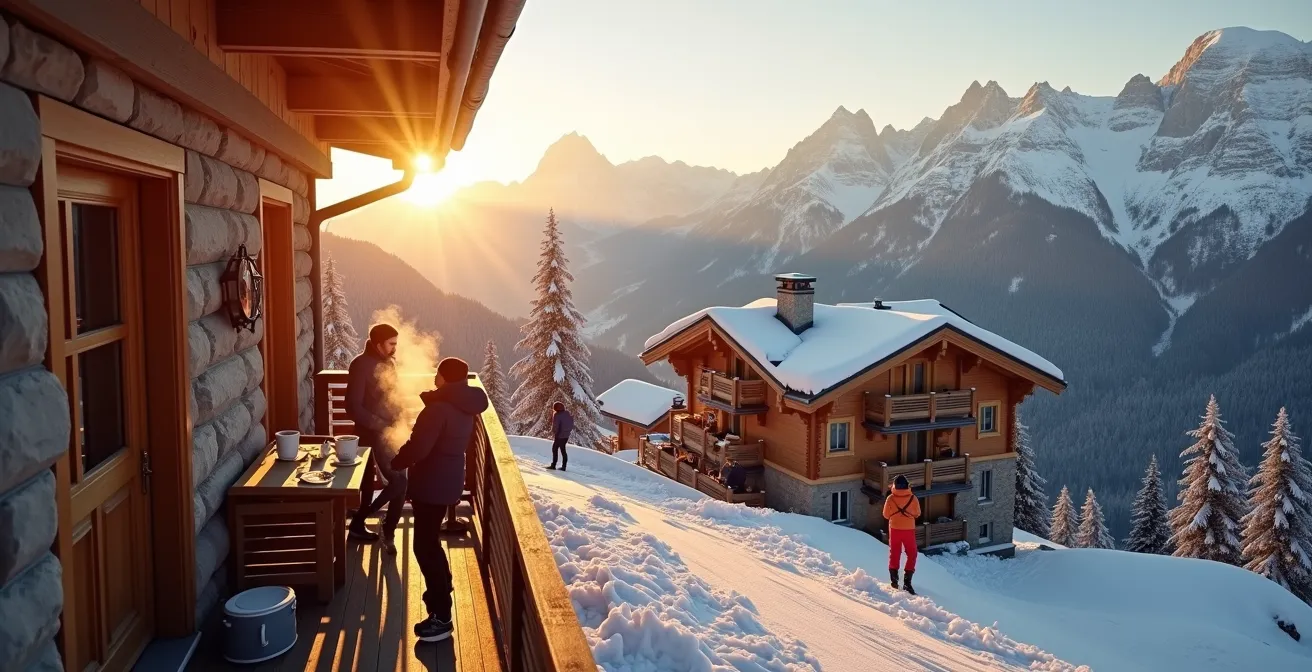 Résidences d'altitude à Val Thorens baignées par la lumière dorée du matin avec sommets enneigés en arrière-plan