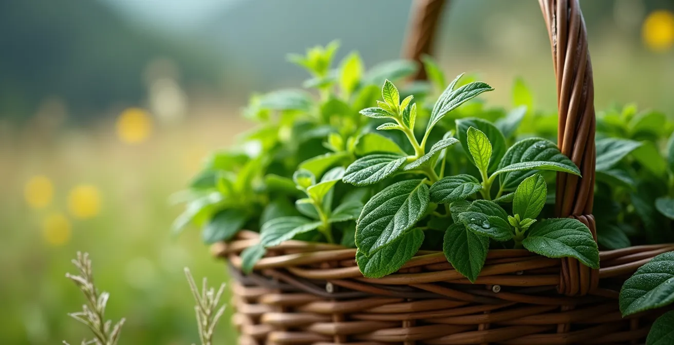 Gros plan macro sur des herbes de génépi et serpolet fraîchement cueillies avec rosée matinale