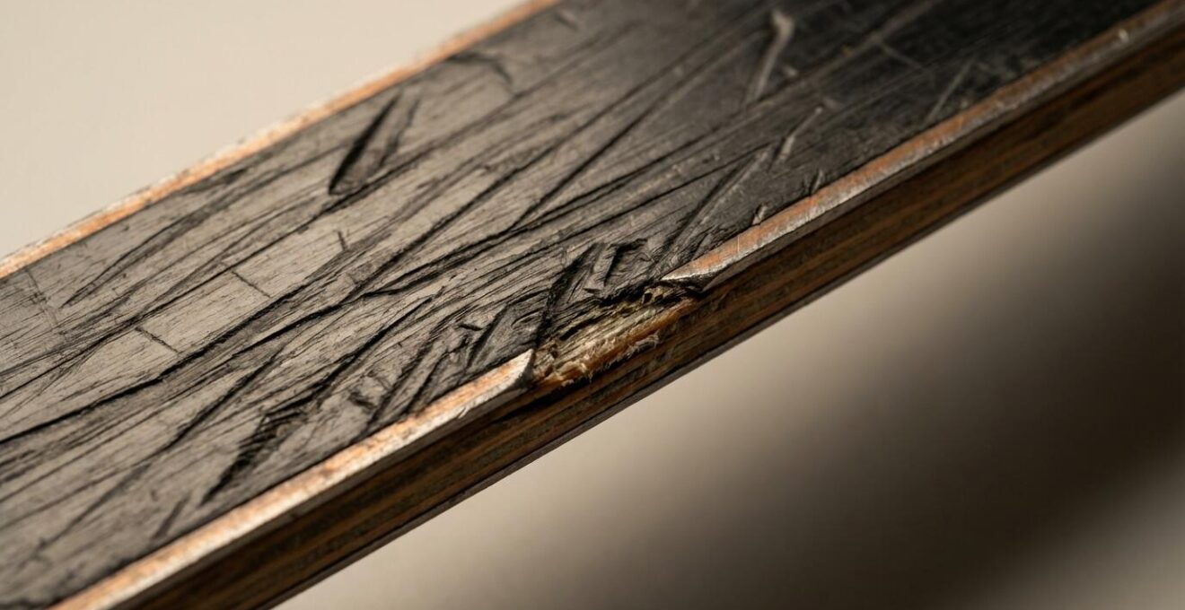 Vue macro détaillée de la semelle et des carres d'un ski montrant les zones d'usure