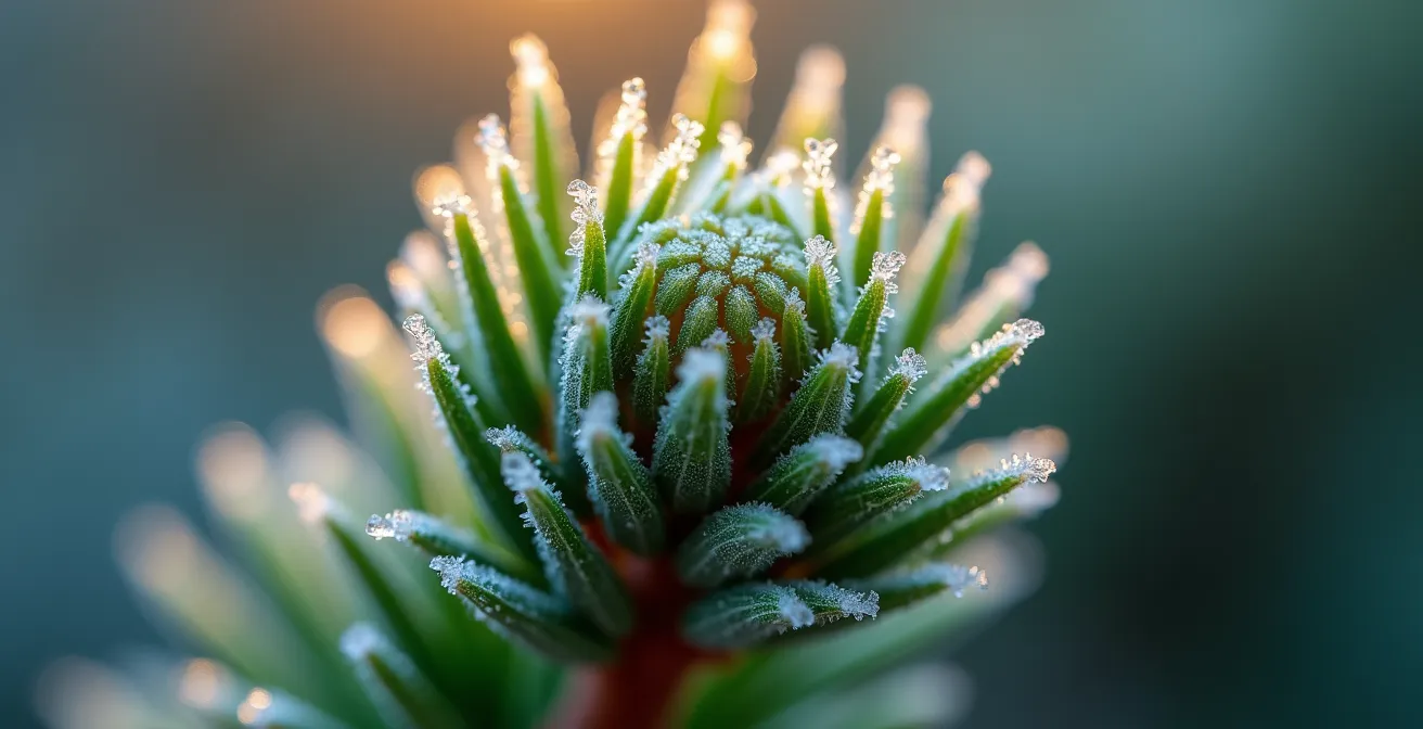 Gros plan macro sur le bourgeon apical d'un jeune sapin recouvert de givre