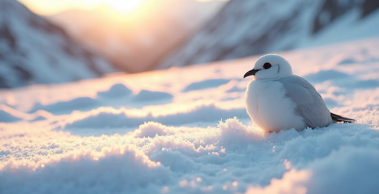 Lagopède alpin partiellement visible dans la neige avec lumière dorée du crépuscule