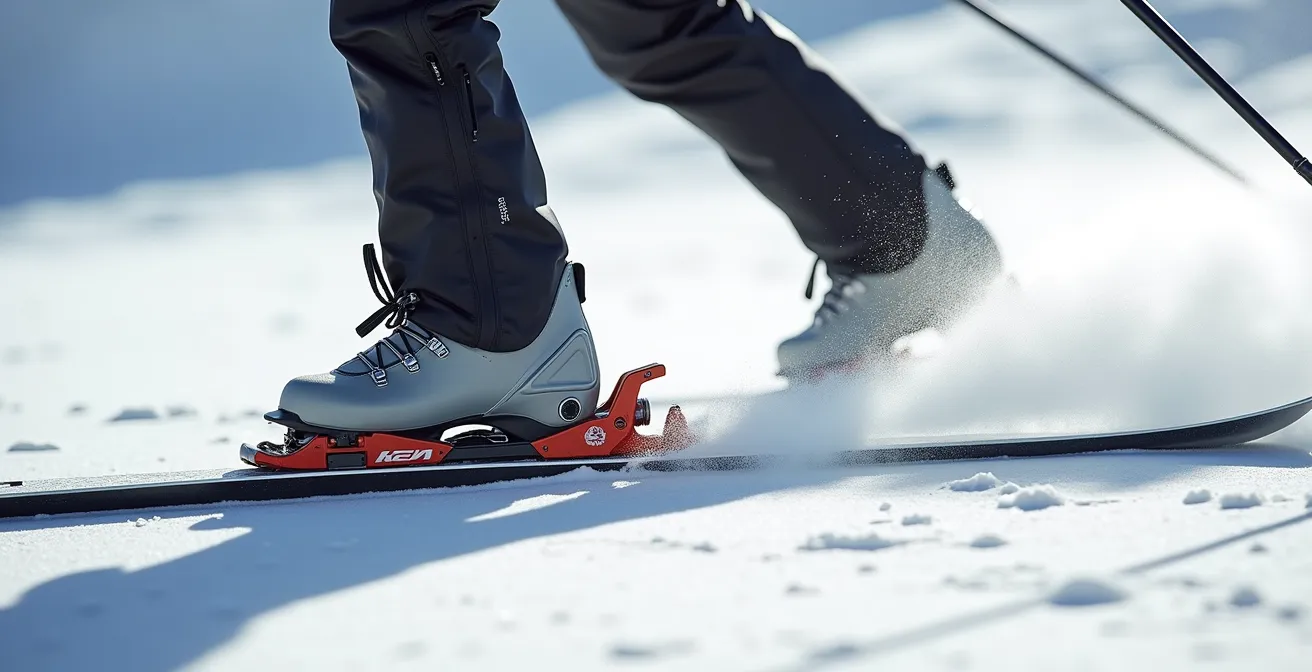 Vue latérale d'un ski large montrant l'effet de levier sur le genou avec angle de force