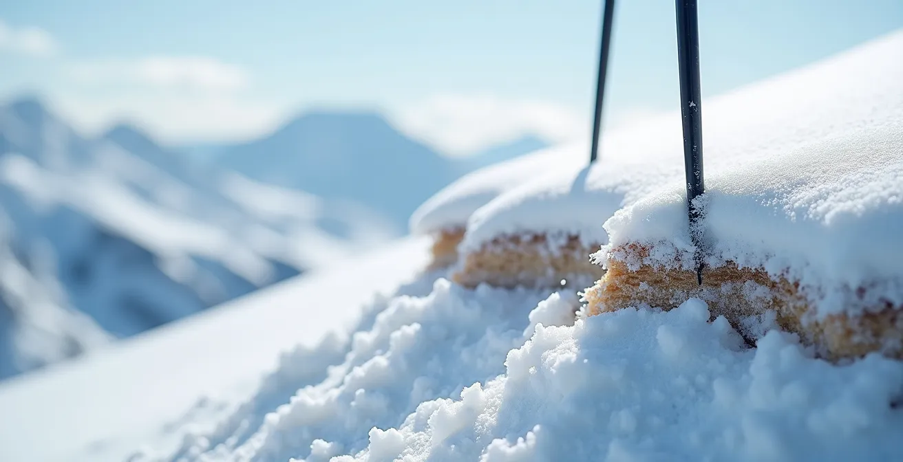 Vue en coupe du manteau neigeux montrant les dangers cachés en bord de piste