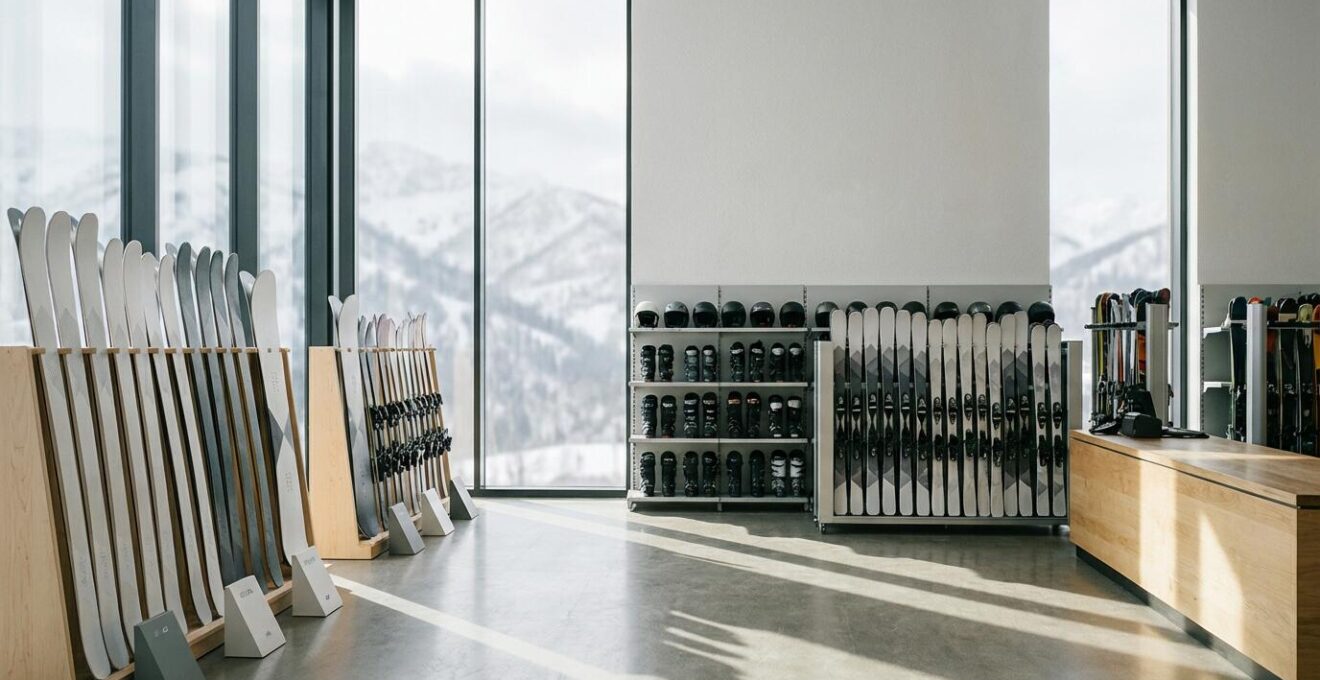 Comparaison visuelle entre du matériel de ski neuf et de location dans un magasin de montagne