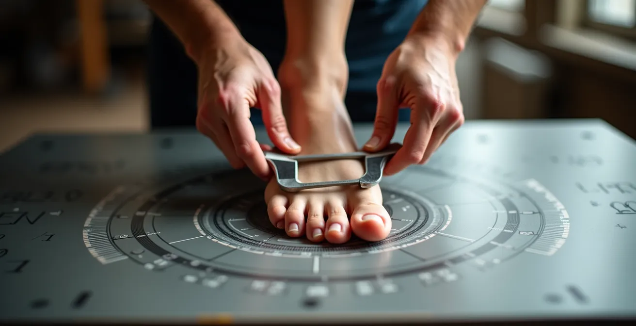 Vue de dessus d'un pied sur une plateforme de mesure avec focus sur la zone métatarsienne