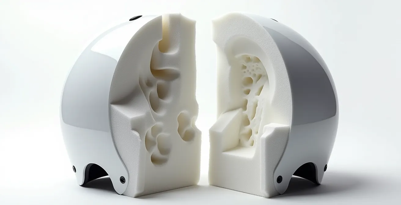 Coupe transversale d'un casque de ski montrant la mousse EPS intacte et comprimée