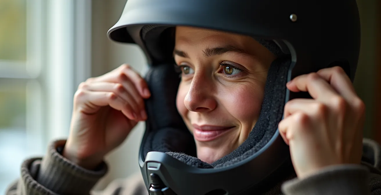 Casque de ski démonté avec mousses intérieures visibles séchant à l'air libre