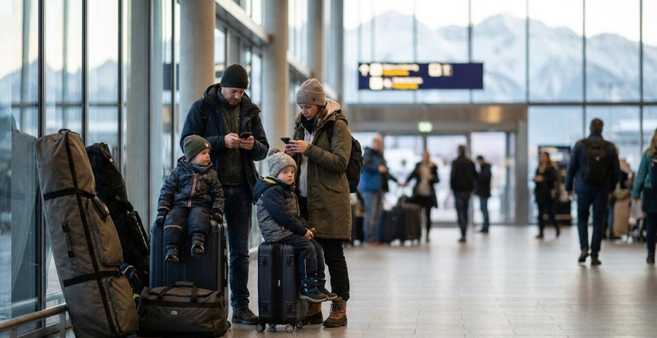 Famille avec bagages et équipement de ski attendant une navette à l'aéroport en hiver