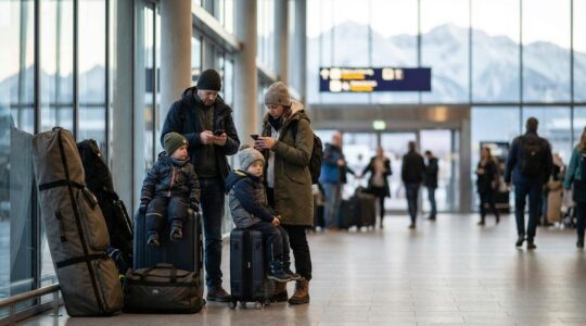 Famille avec bagages et équipement de ski attendant une navette à l'aéroport en hiver