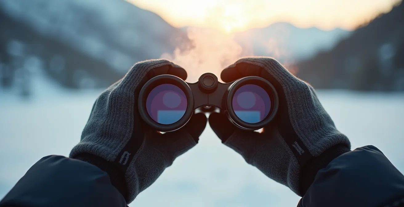 Mains gantées tenant des jumelles 8x42 observant un versant enneigé au crépuscule