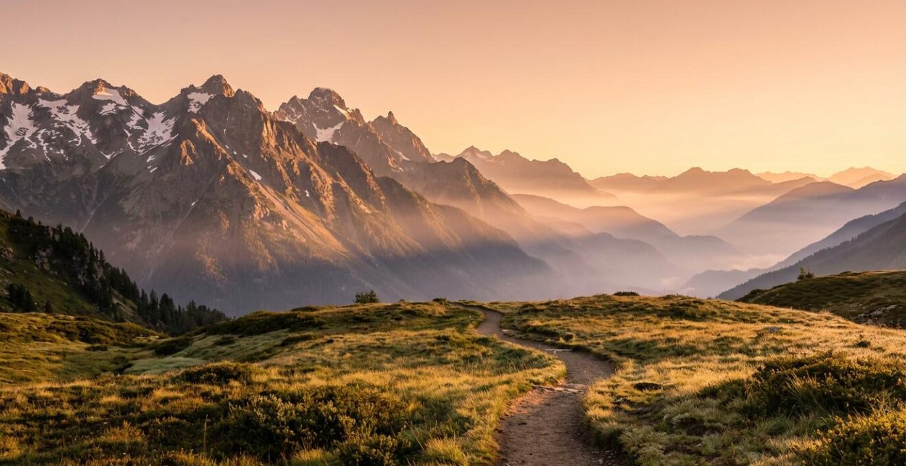 Panorama alpin baigné de lumière dorée du matin en montagne